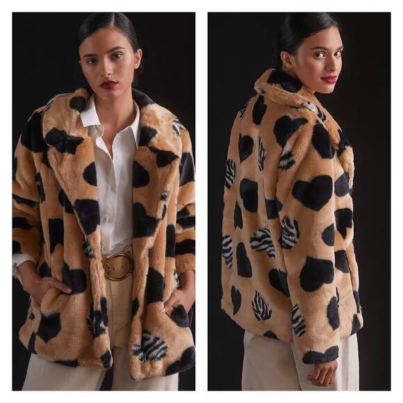 Maeve Faux Fur Zebra And Black Heart Print Coat Size S - Picture 1 of 12